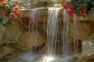 A waterfall flowing over rocks and flowers photo
