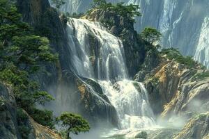 A waterfall is seen in the middle of a mountain photo