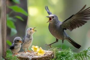 A mother bird with her babies in the nest photo