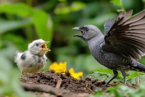 A crow and a baby bird are standing in the dirt photo