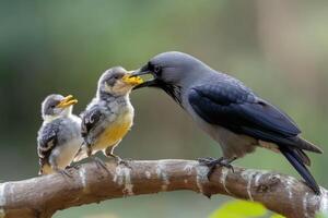 A crow and two baby birds are eating from a branch photo