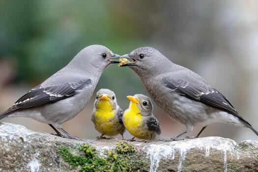 Three birds are standing on a rock with one baby photo