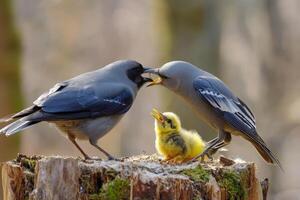 Two birds are feeding their young on a stump photo