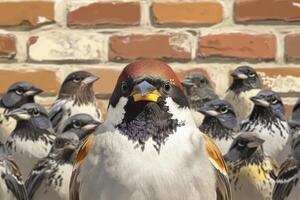 A group of birds standing in front of a brick wall photo