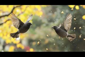 Two birds flying in the air near a tree photo