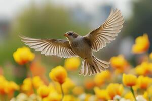 A bird flying over a field of yellow flowers photo