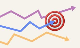 Concept of achieving goal, success, business target. Ascending arrow of the chart pointing exactly to the center of the target and arrows pointing past. vector