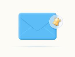 Closed blue envelope with speech bubble and yellow bell. New message notification. Receiving an email. Reminder or subscription to a newsletter. Cartoon 3d illustration. vector