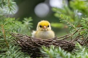 A baby chick is sitting in a nest in a tree photo