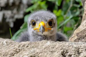 A baby bird with yellow eyes peeks out from a rock photo