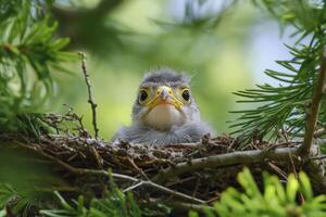 A baby bird is sitting in a nest in the trees photo