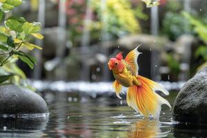 A goldfish is standing in a pond with waterfalls photo