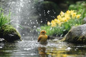 A bird is standing in a stream with water photo