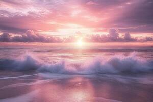 A beautiful sunset over the ocean with waves crashing photo