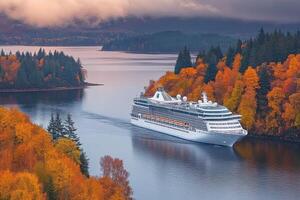 A cruise ship sailing through a lake surrounded by autumn trees photo