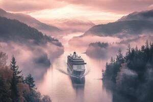 A cruise ship traveling through the water on a foggy day photo