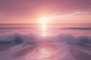 A beautiful sunset over the ocean with waves crashing photo