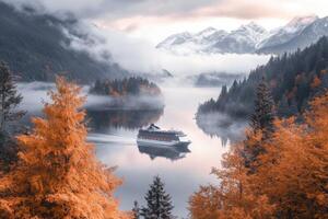 A cruise ship sailing through the mountains in autumn photo