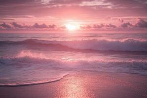 A beautiful sunset over the ocean with waves photo
