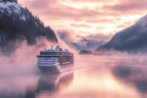 A cruise ship in the water with fog photo