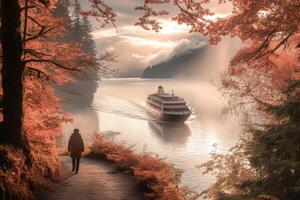 A person walking down a path with a boat in the background photo