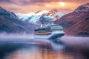 Cruise ship in the fjords at sunset photo