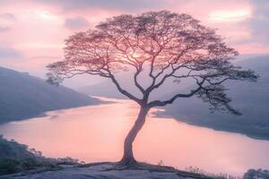 A lone tree stands on a hill overlooking a lake photo