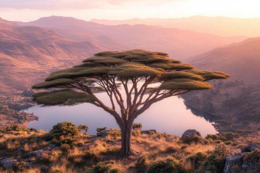 A tree stands alone on a hill overlooking a lake photo