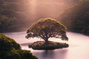 A lone tree sits on an island surrounded by water photo