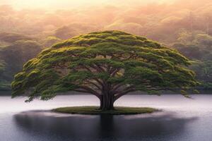 A tree is standing on a small island in the middle of a lake photo