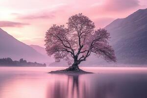 A lone tree in the middle of a lake with pink clouds in the background photo