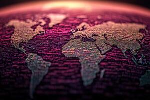 The world map is shown in a purple background photo