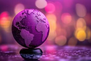 A purple globe on a table with a blurred background photo