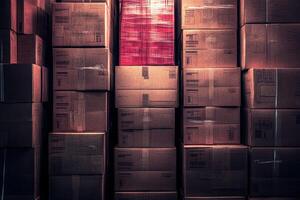 A red box is standing in the middle of a pile of boxes photo