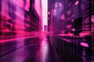 A blurry image of a city street with pink lights photo