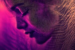 A woman's face is shown in a purple and pink background photo