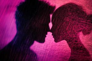 A silhouette of a man and woman kissing in the rain photo