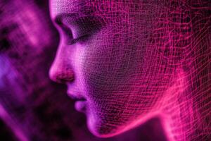 A woman's face is shown in a purple background photo