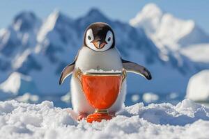 A penguin holding an orange cup in the snow photo