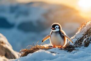 A baby penguin stands on top of a snowy hill photo