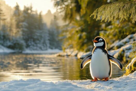 A penguin standing on the snow near a river photo