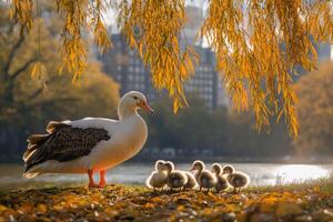 A goose and her babies are standing in front of a tree photo