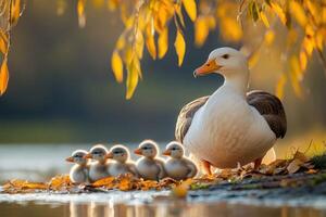 A goose and her babies are standing in the water photo