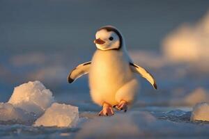 A baby penguin walking on ice in the ocean photo