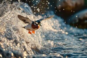 A duck flying over a waterfall photo