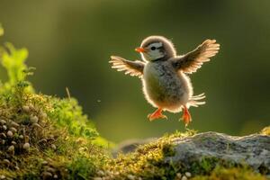 A baby bird is flying over a moss covered hill photo