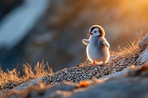 A baby penguin standing on the ground with its arms outstretched photo