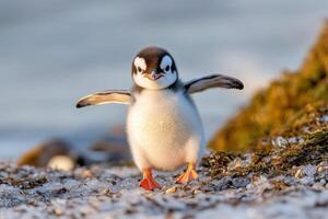 A baby penguin is walking on the ground photo