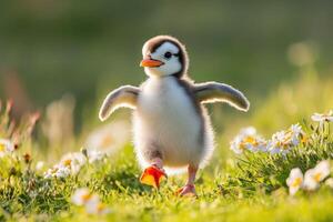 A baby penguin walking through a field of flowers photo