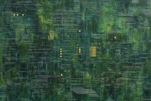 A painting of a green and yellow computer board photo